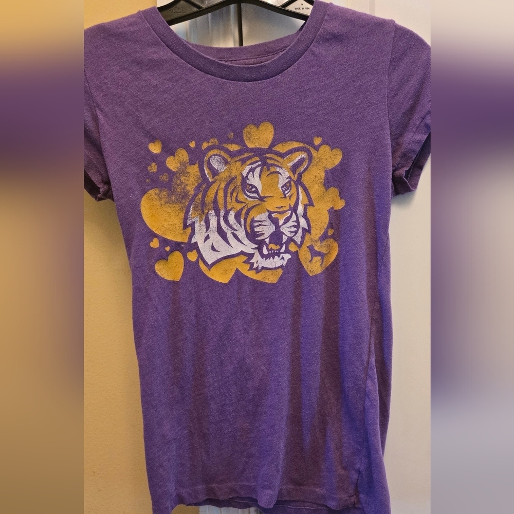 PINK Victoria's Secret Womens Purple and White LSU Tigers Short Sleeve Tee Y2k